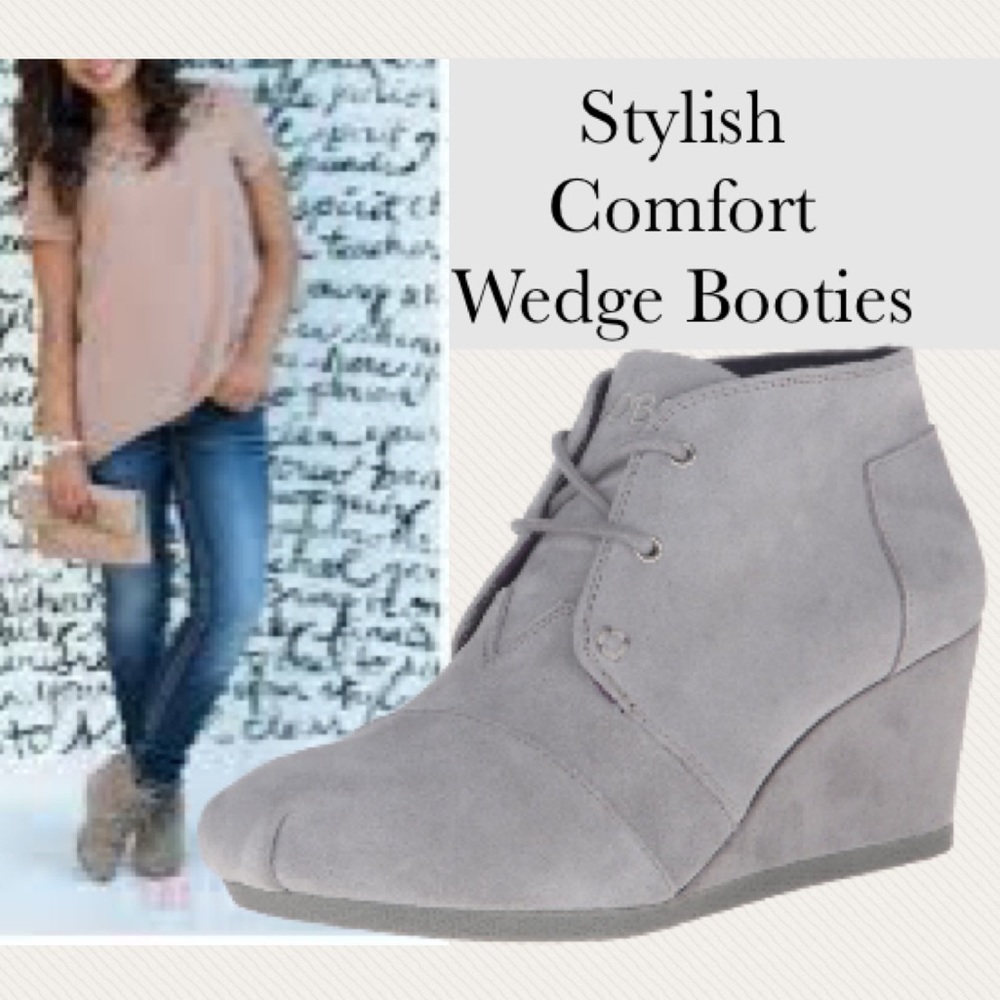 Wedge Heel Ankle Booties Lace Up Suede Boots Bobs Sketchers Gray Size 8 1/2